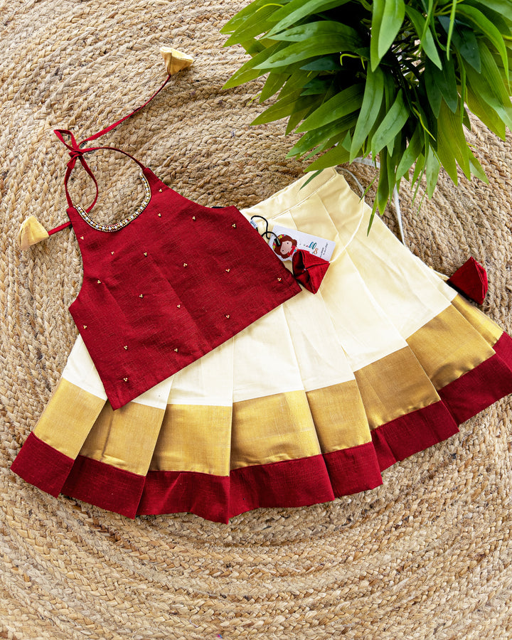 meroon dresses for kids, kids onam special dresses, baby girls kasavu frock, traditional dresses for kids, handwork traditional dresses for kids