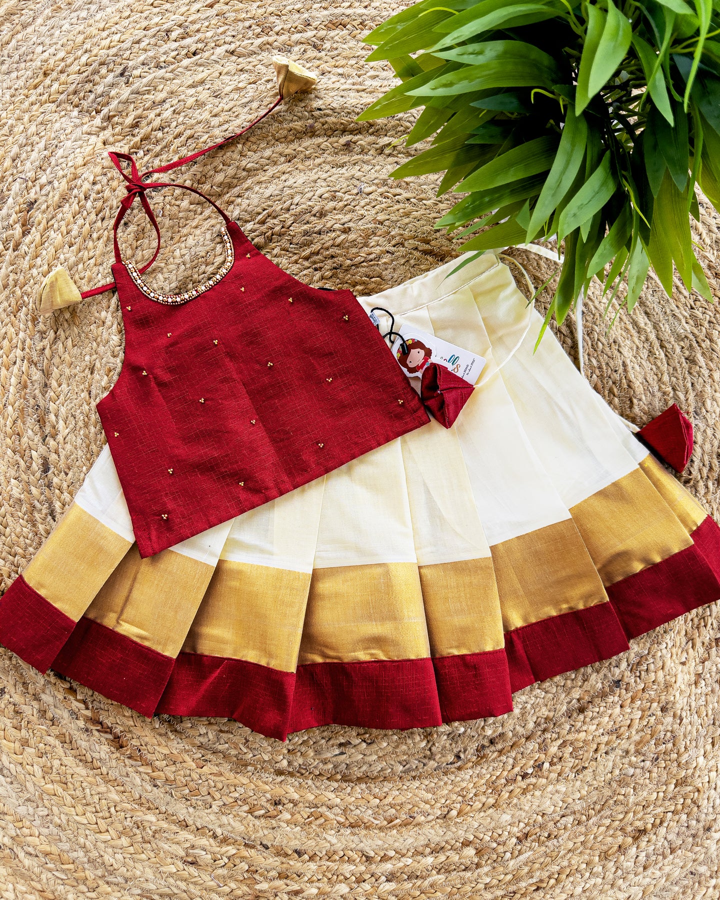Cream & Meroon Traditional Kerala Kasavu Onam Special Lehenga Choli ...