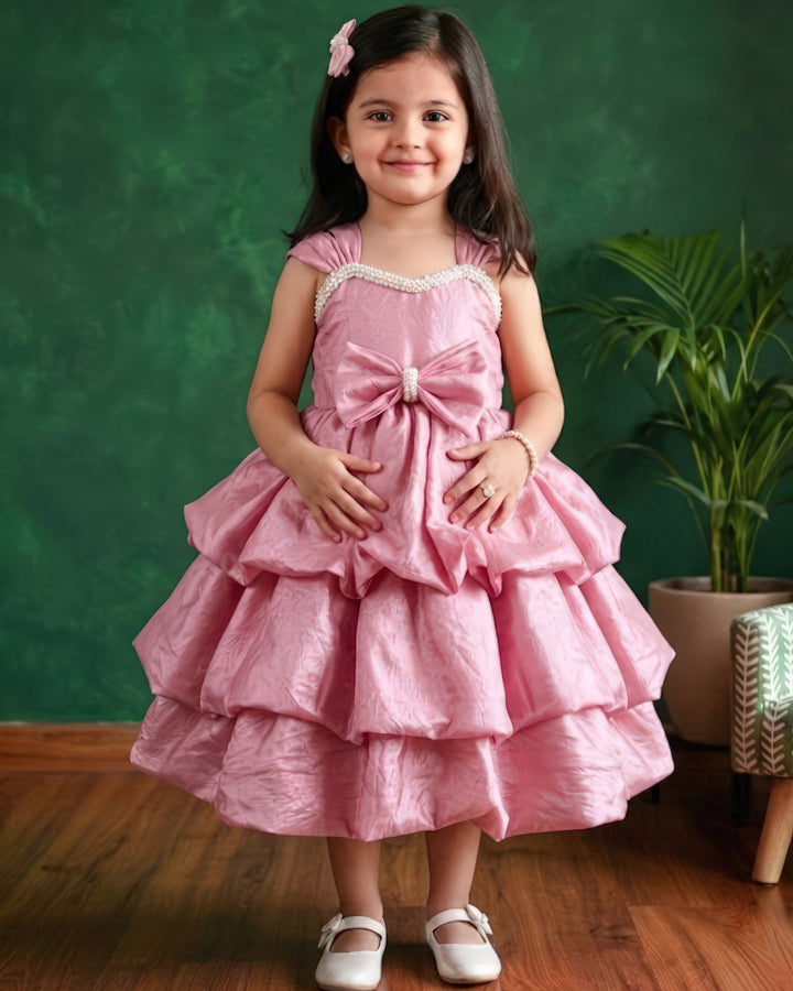 Onion pink birthday dress for baby girls premium silk party frock layered baby girl birthday outfit toddler partywear dress
