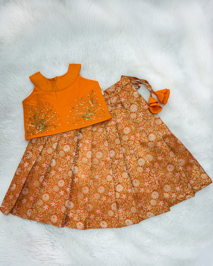 Orange brocade handwork lehenga choli for girls – front view, Stanwells Kids