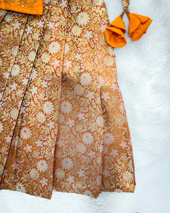 Orange silk brocade lehenga choli set for baby girl festive wear – Stanwells Kids