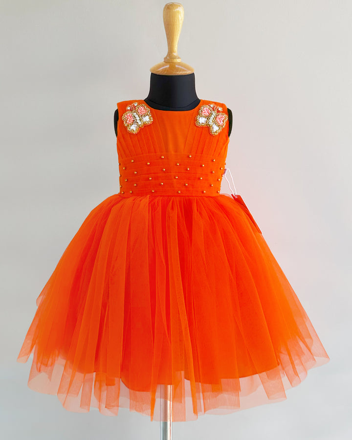 Orange Butterfly Theme Birthday Frock for Baby Girls – Party Wear