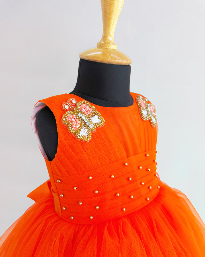 Orange Butterfly Theme Birthday Frock for Baby Girls – Party Wear