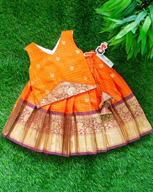 Orange soft Chanderi checks traditional lehenga choli for baby girl – front view, Stanwells Kids