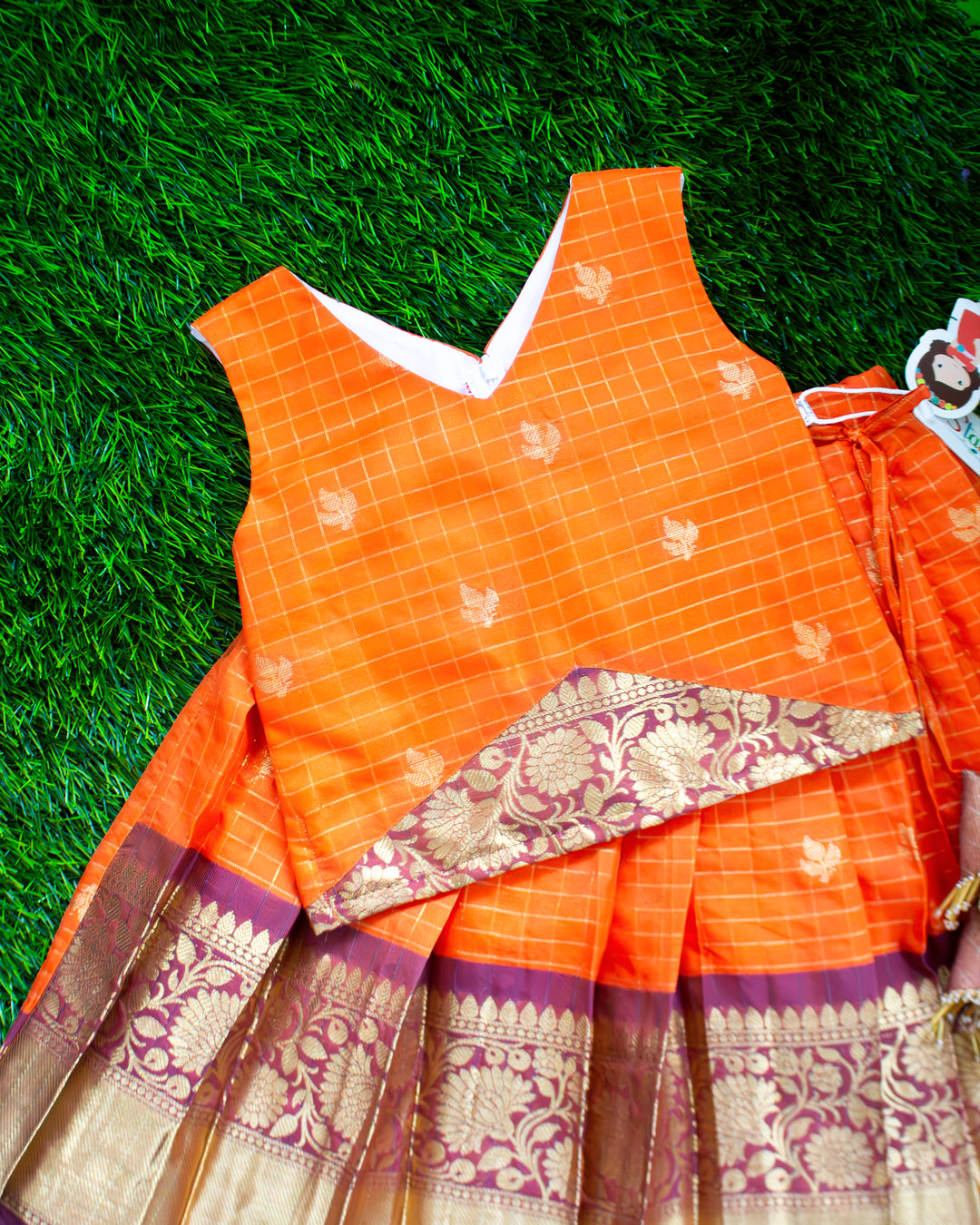 Orange silk blouse with Chanderi checks on traditional lehenga choli – Stanwells Kids