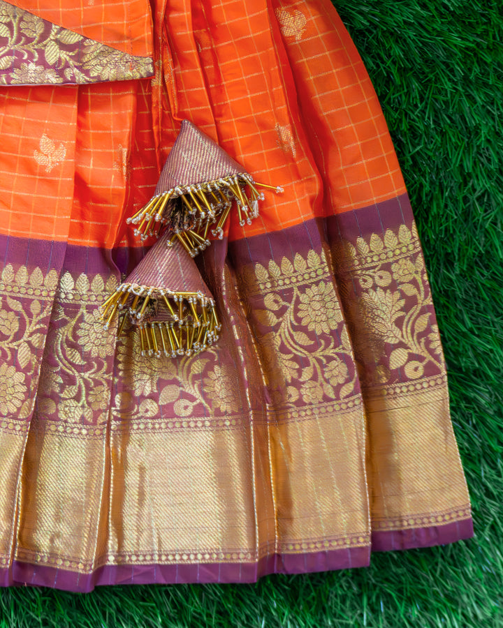 Orange silk pleated skirt with brown border on Chanderi lehenga choli – Stanwells Kids