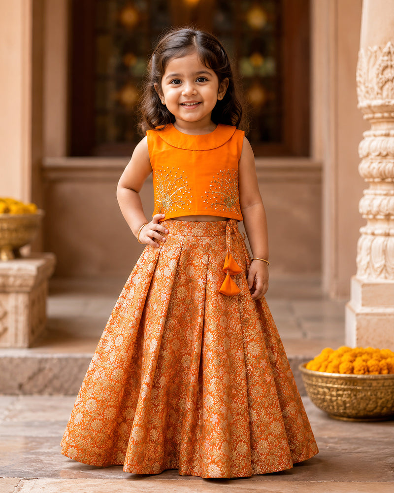 Orange Brocade Handwork Traditional Lehenga Choli Set