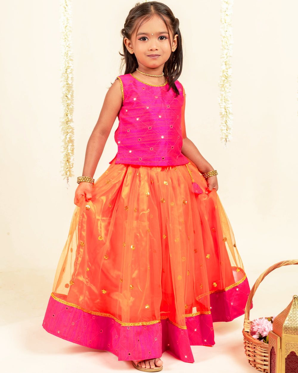 Orange and magenta South Indian dress for baby girls, traditional birthday dress, ethnic frock, kids festive wear, Stanwells Kids ethnic collection