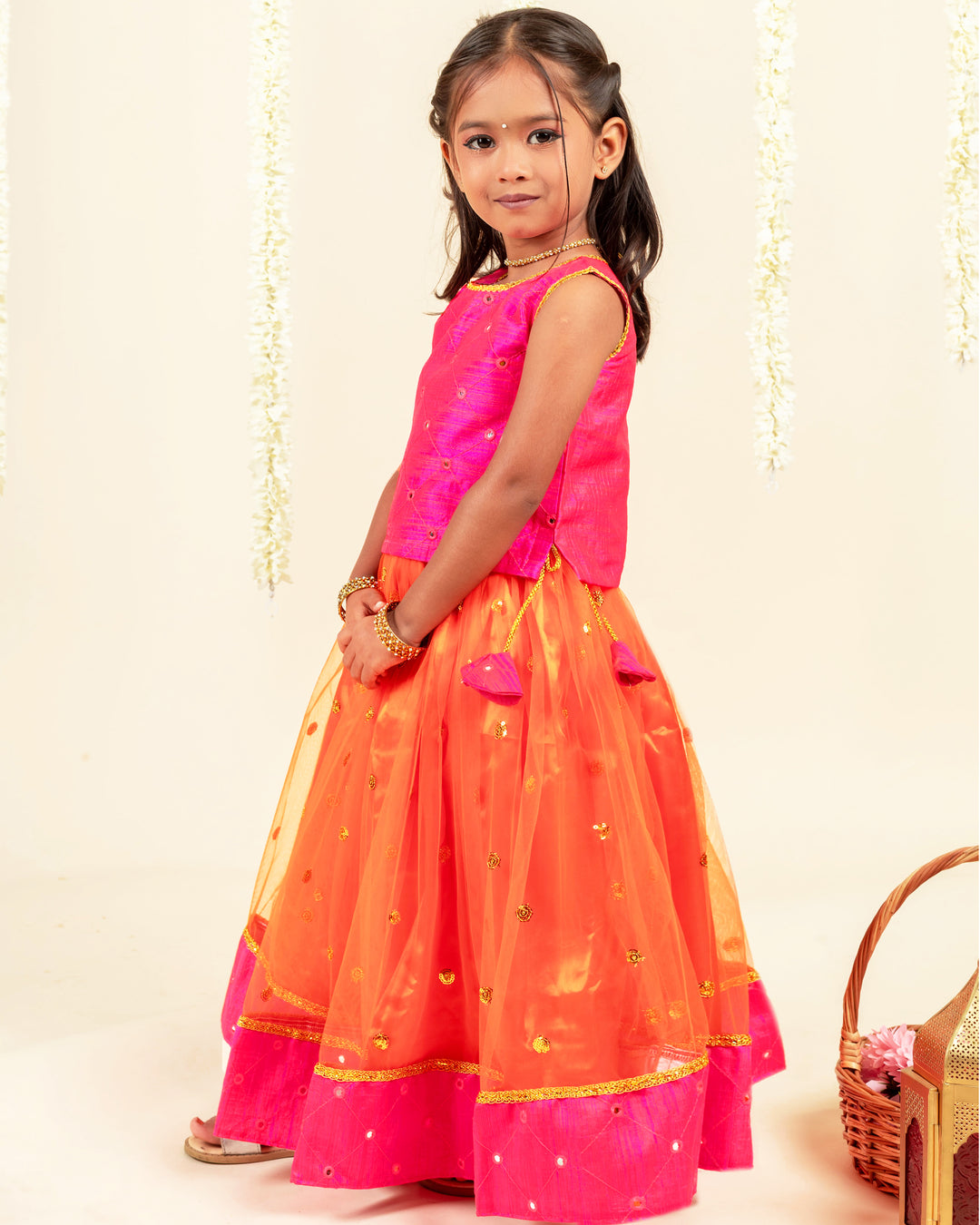 Orange and magenta South Indian dress for baby girls, traditional birthday dress, ethnic frock, kids festive wear, Stanwells Kids ethnic collection