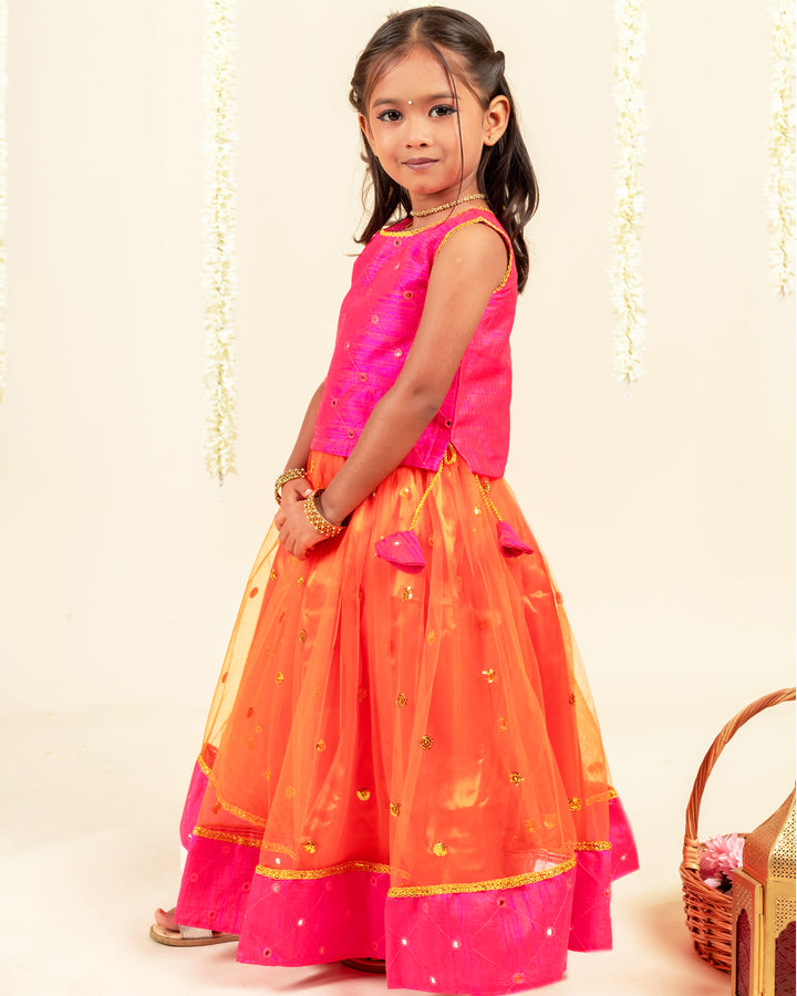 Orange and magenta South Indian dress for baby girls, traditional birthday dress, ethnic frock, kids festive wear, Stanwells Kids ethnic collection