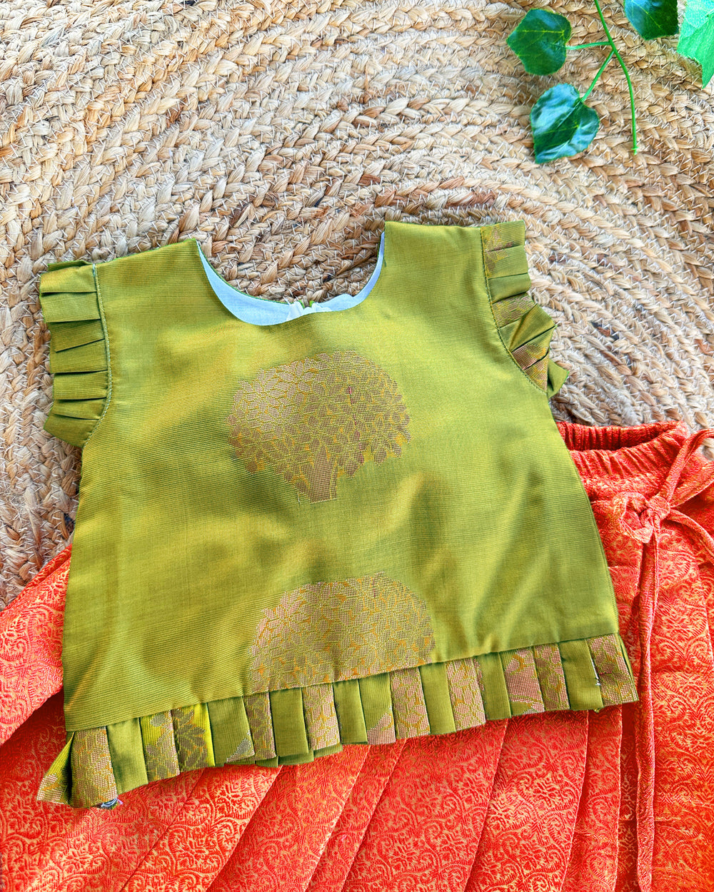 Baby girl birthday dress, olive green silk lehenga choli, toddler ethnic outfit, orange festive wear for kids, traditional Indian dress baby girl

