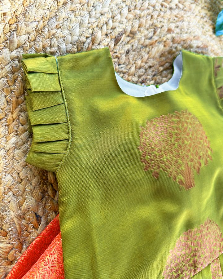 Baby girl birthday dress, olive green silk lehenga choli, toddler ethnic outfit, orange festive wear for kids, traditional Indian dress baby girl


