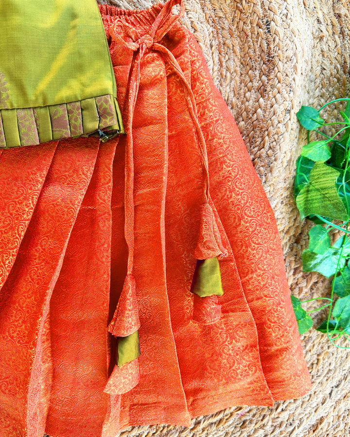 Baby girl birthday dress, olive green silk lehenga choli, toddler ethnic outfit, orange festive wear for kids, traditional Indian dress baby girl

