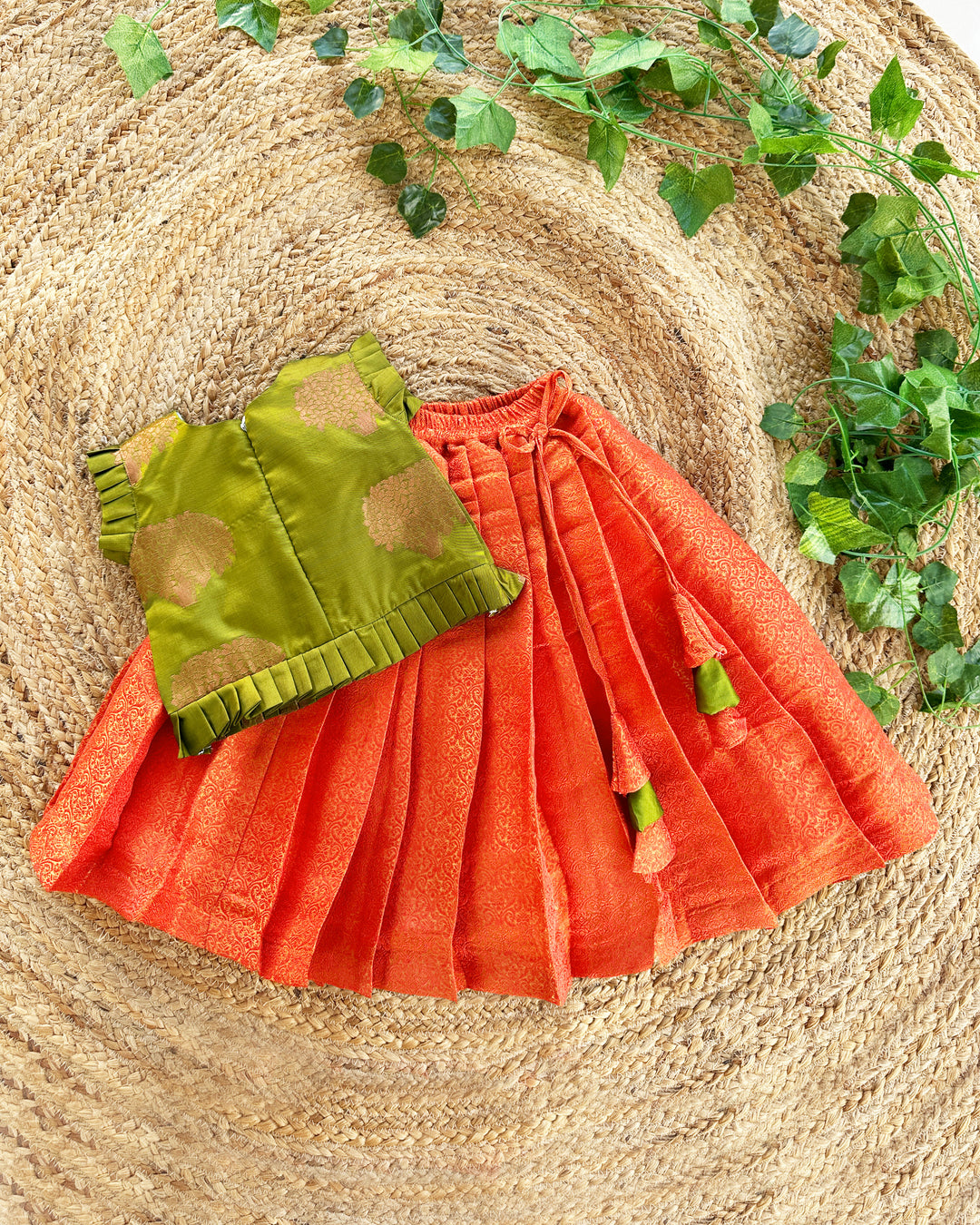 Baby girl birthday dress, olive green silk lehenga choli, toddler ethnic outfit, orange festive wear for kids, traditional Indian dress baby girl

