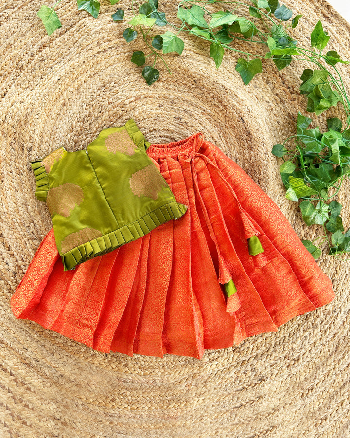 Baby girl birthday dress, olive green silk lehenga choli, toddler ethnic outfit, orange festive wear for kids, traditional Indian dress baby girl

