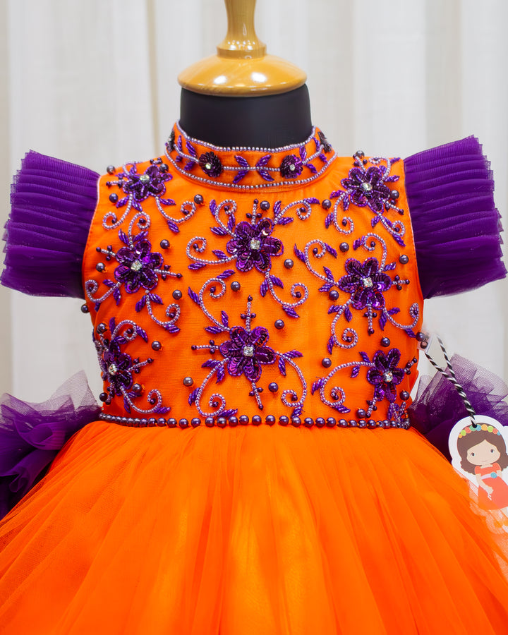 Orange purple halter neck baby girls birthday dress with detachable tail, partywear frock for toddler girl, first birthday outfit