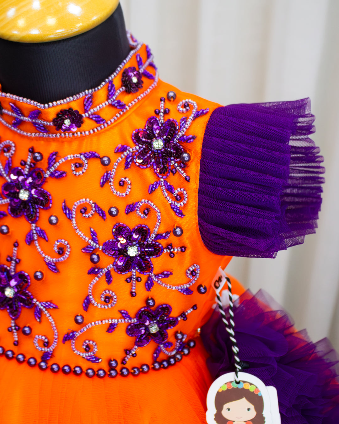 Orange purple halter neck baby girls birthday dress with detachable tail, partywear frock for toddler girl, first birthday outfit