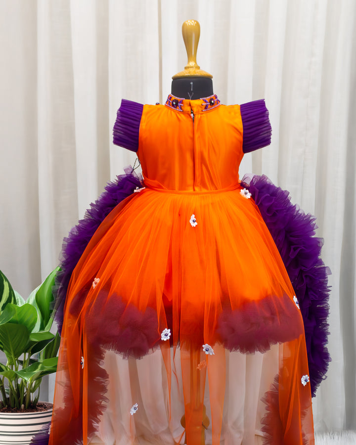 Orange purple halter neck baby girls birthday dress with detachable tail, partywear frock for toddler girl, first birthday outfit