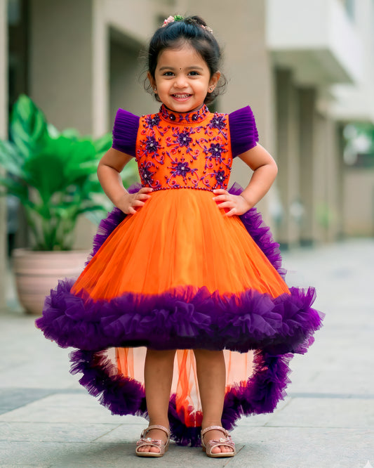 Orange purple halter neck birthday frock front view baby girl – Stanwells Kids