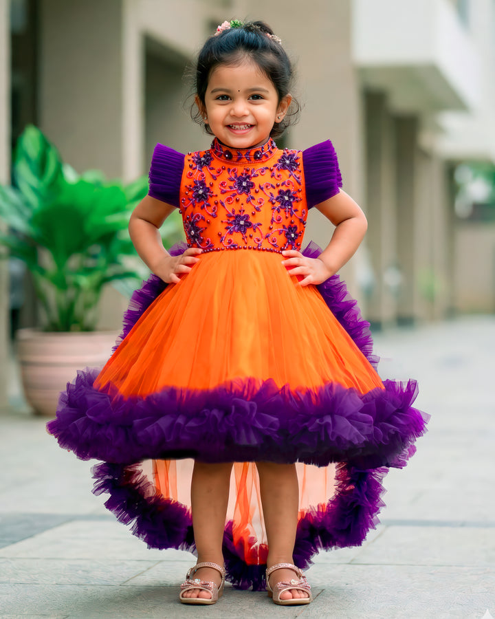 Orange purple halter neck baby girls birthday dress with detachable tail, partywear frock for toddler girl, first birthday outfit