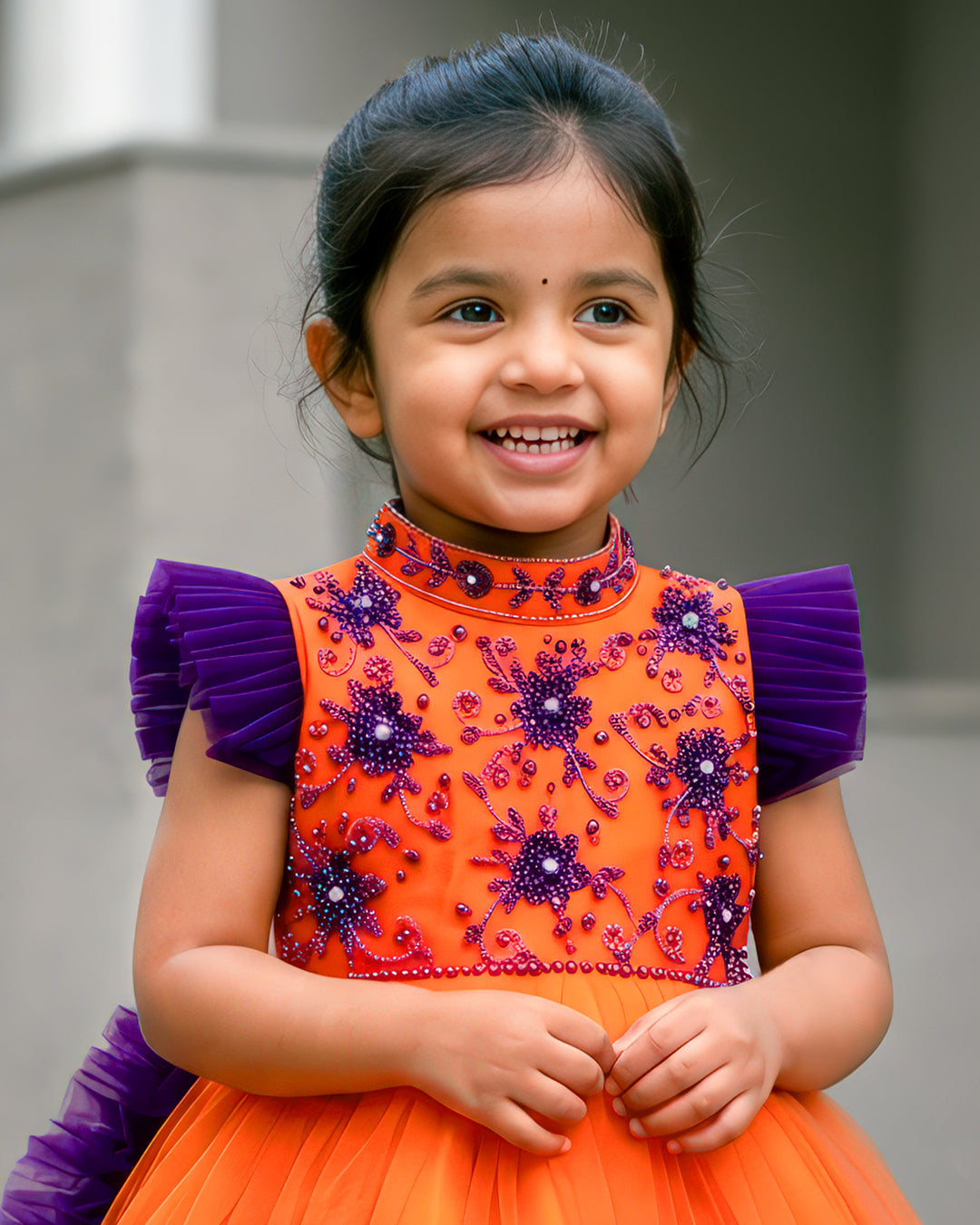 Orange purple halter neck baby girls birthday dress with detachable tail, partywear frock for toddler girl, first birthday outfit