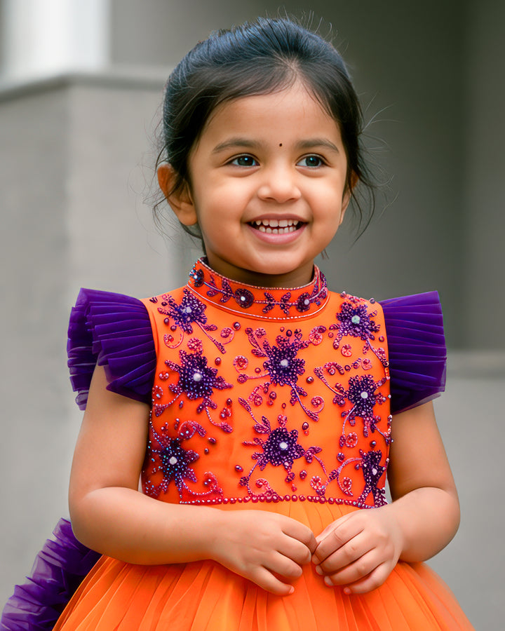 Orange purple halter neck baby girls birthday dress with detachable tail, partywear frock for toddler girl, first birthday outfit