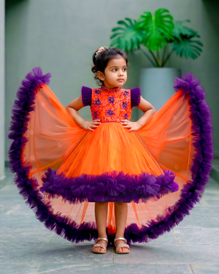 Orange purple halter neck baby girls birthday dress with detachable tail, partywear frock for toddler girl, first birthday outfit