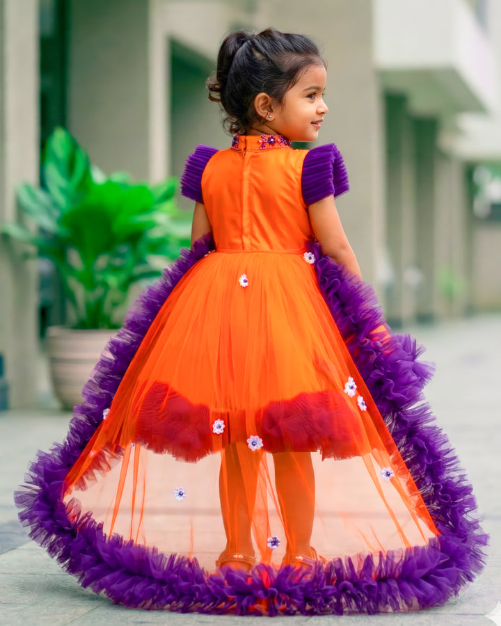 Orange purple halter neck baby girls birthday dress with detachable tail, partywear frock for toddler girl, first birthday outfit