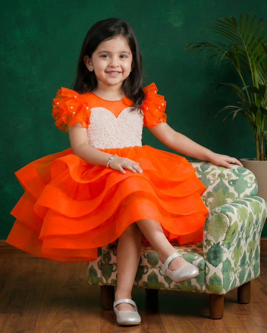 Orange handwork premium step frock side view baby girl – Stanwells Kids