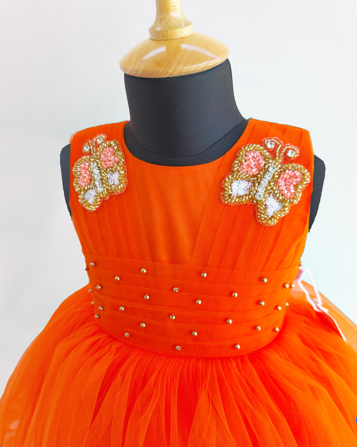 Orange Butterfly Theme Birthday Frock for Baby Girls – Party Wear
