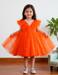 Orange Shade Premium Baby Girls Partywear Pearl Work Birthday Frock