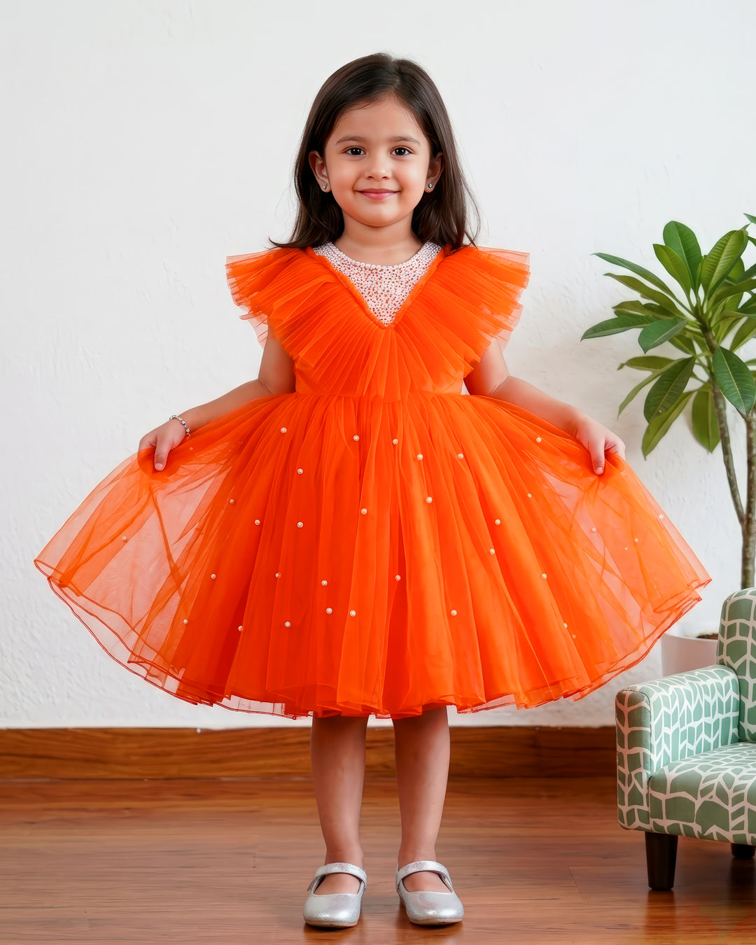 stanwells kids, orange frock, pearl work frock for kids, beads work frock, ruffles sleeves frocks, handwork frock for kids, liandli, nakshtarakids, janyas closet