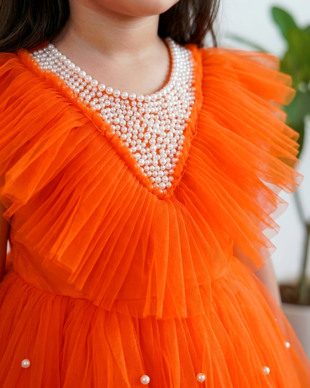 stanwells kids, orange frock, pearl work frock for kids, beads work frock, ruffles sleeves frocks, handwork frock for kids, liandli, nakshtarakids, janyas closet