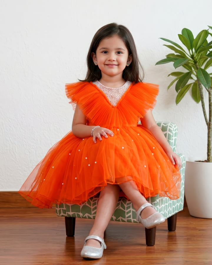 stanwells kids, orange frock, pearl work frock for kids, beads work frock, ruffles sleeves frocks, handwork frock for kids, liandli, nakshtarakids, janyas closet