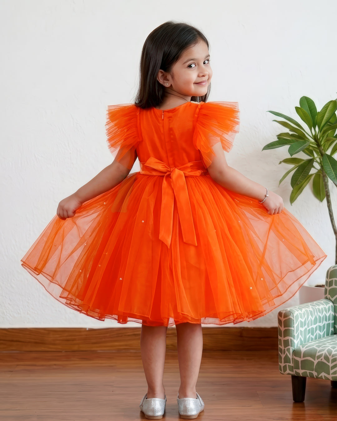 stanwells kids, orange frock, pearl work frock for kids, beads work frock, ruffles sleeves frocks, handwork frock for kids, liandli, nakshtarakids, janyas closet