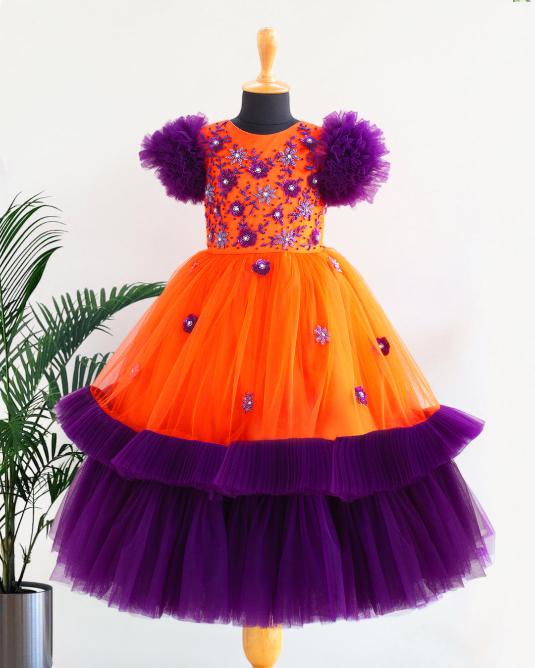 Orange and purple handworked gown for baby girls, ruffle partywear, designer birthday dress, Stanwells Kids
