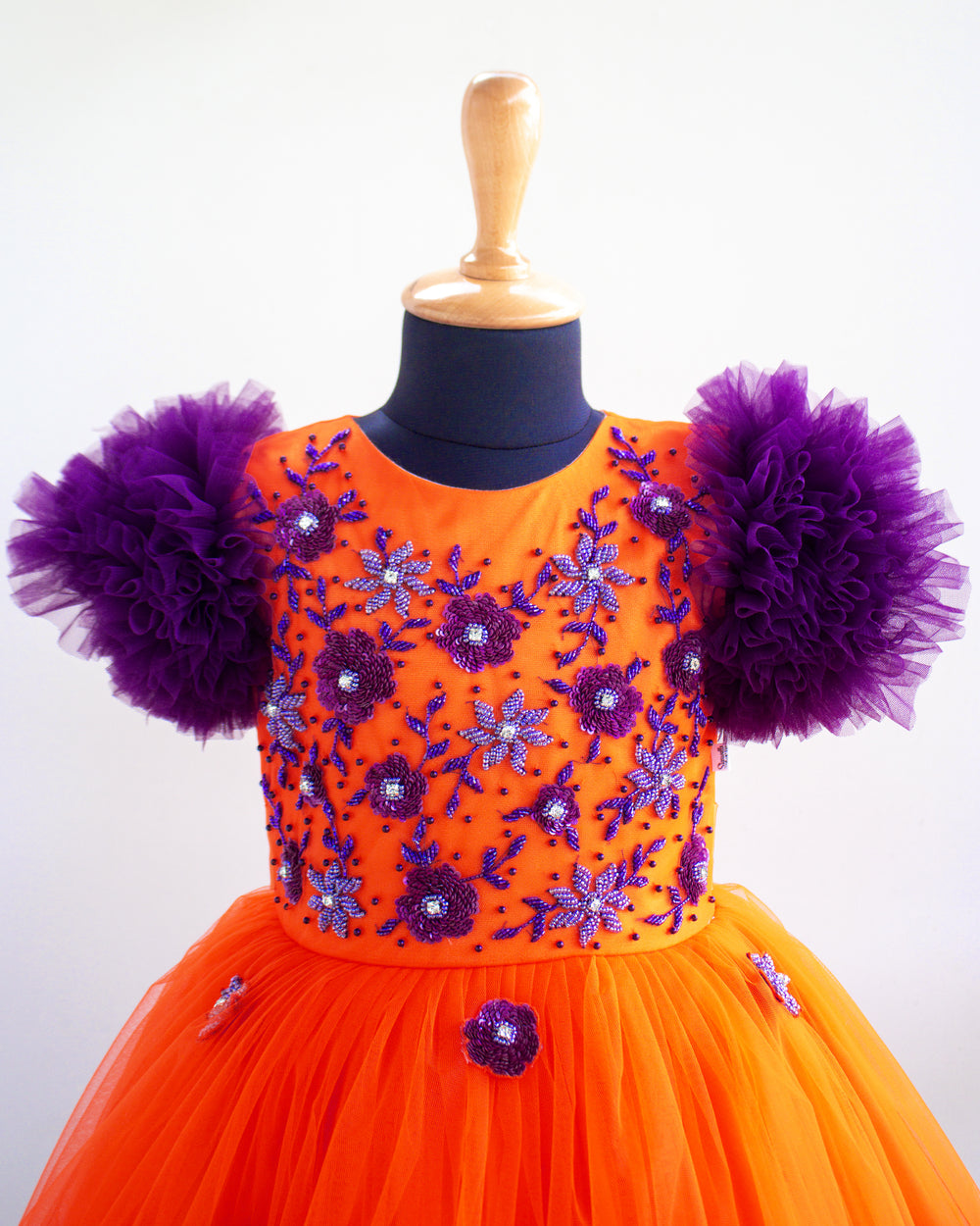 Orange and purple handworked gown for baby girls, ruffle partywear, designer birthday dress, Stanwells Kids
