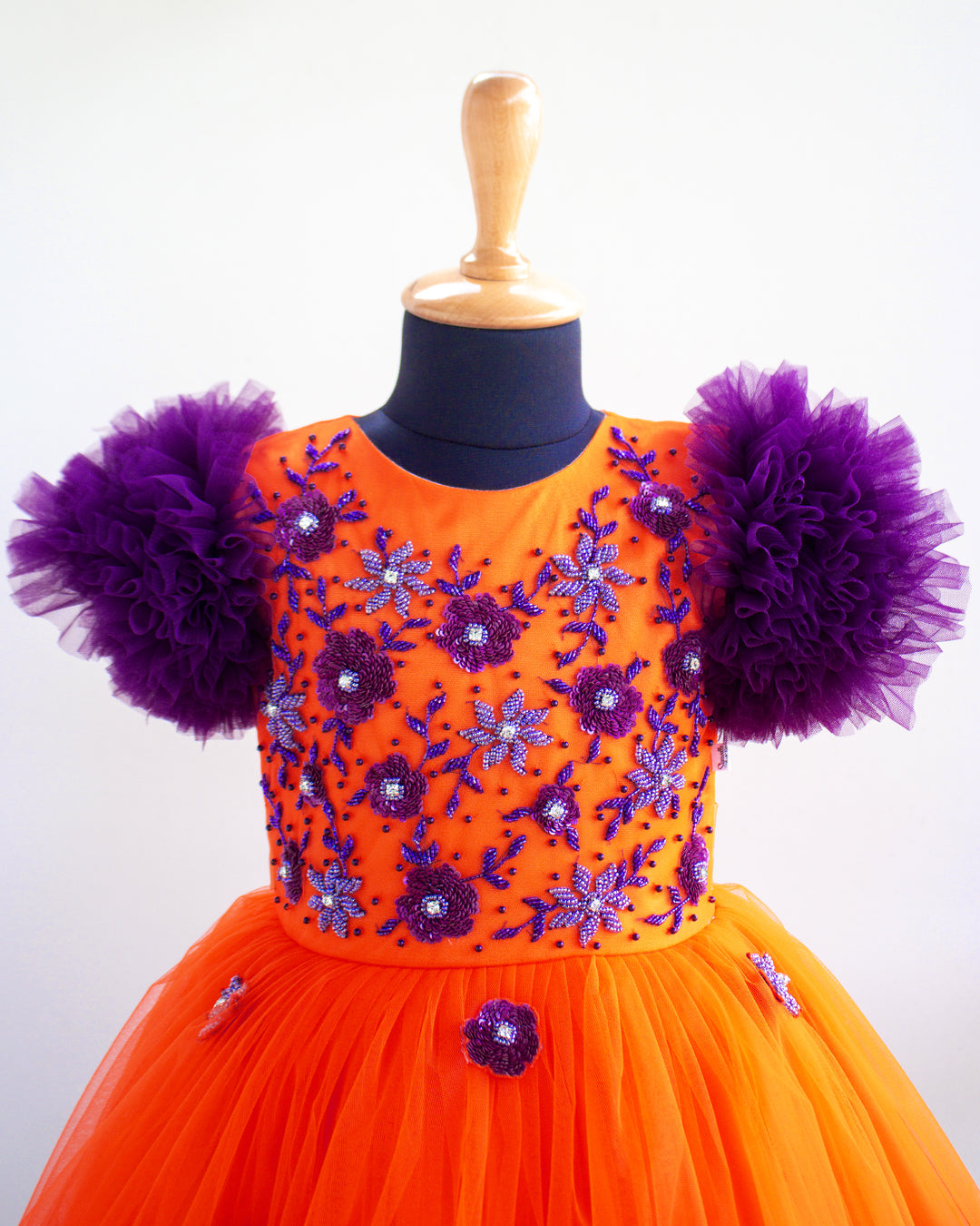 Orange and purple handworked gown for baby girls, ruffle partywear, designer birthday dress, Stanwells Kids