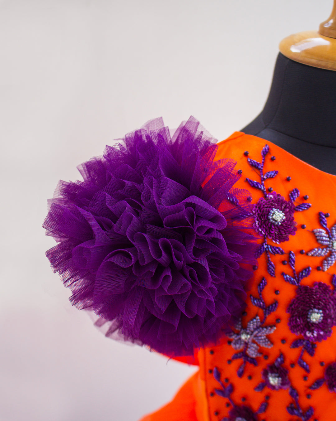 Orange and purple handworked gown for baby girls, ruffle partywear, designer birthday dress, Stanwells Kids