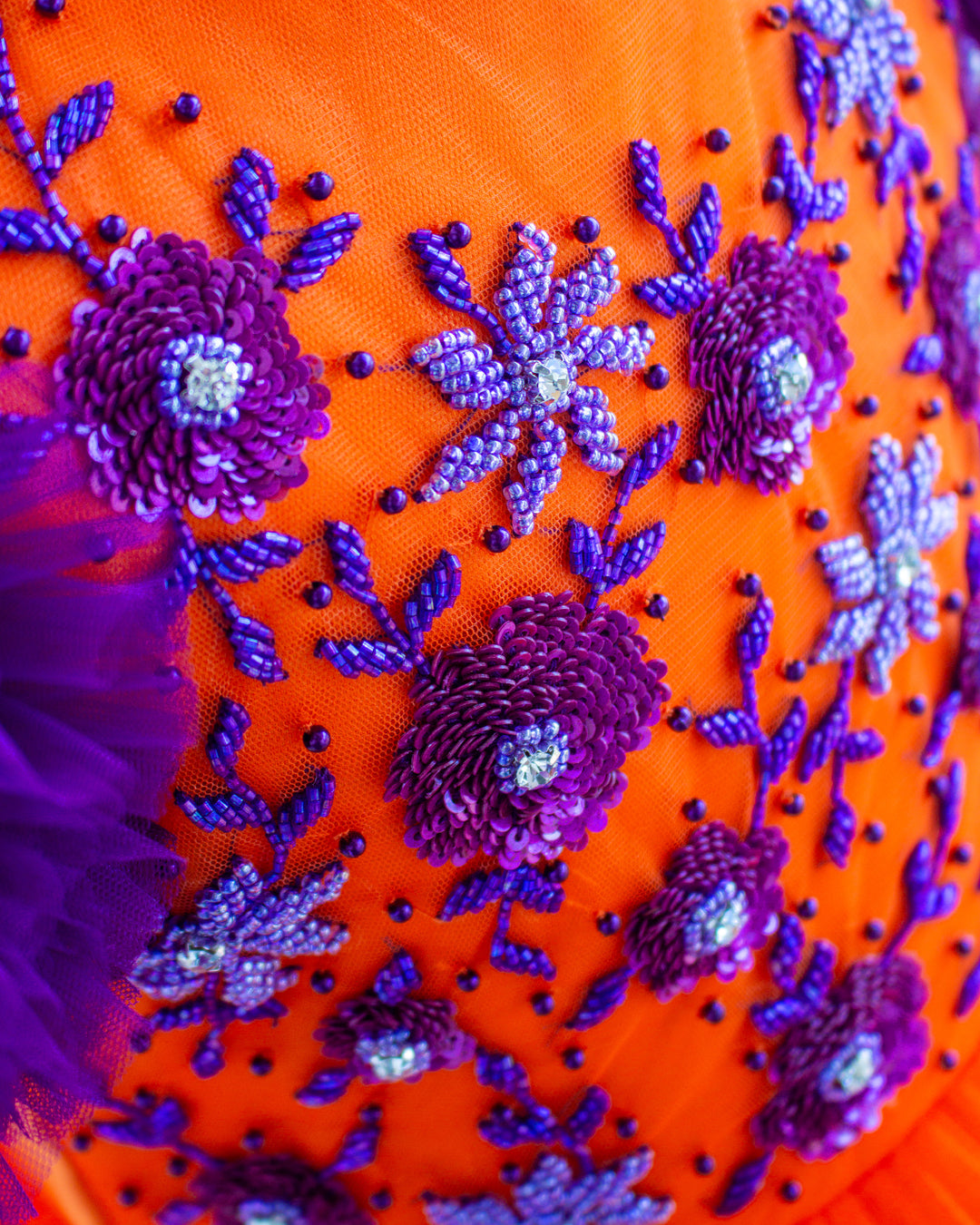 Orange and purple handworked gown for baby girls, ruffle partywear, designer birthday dress, Stanwells Kids