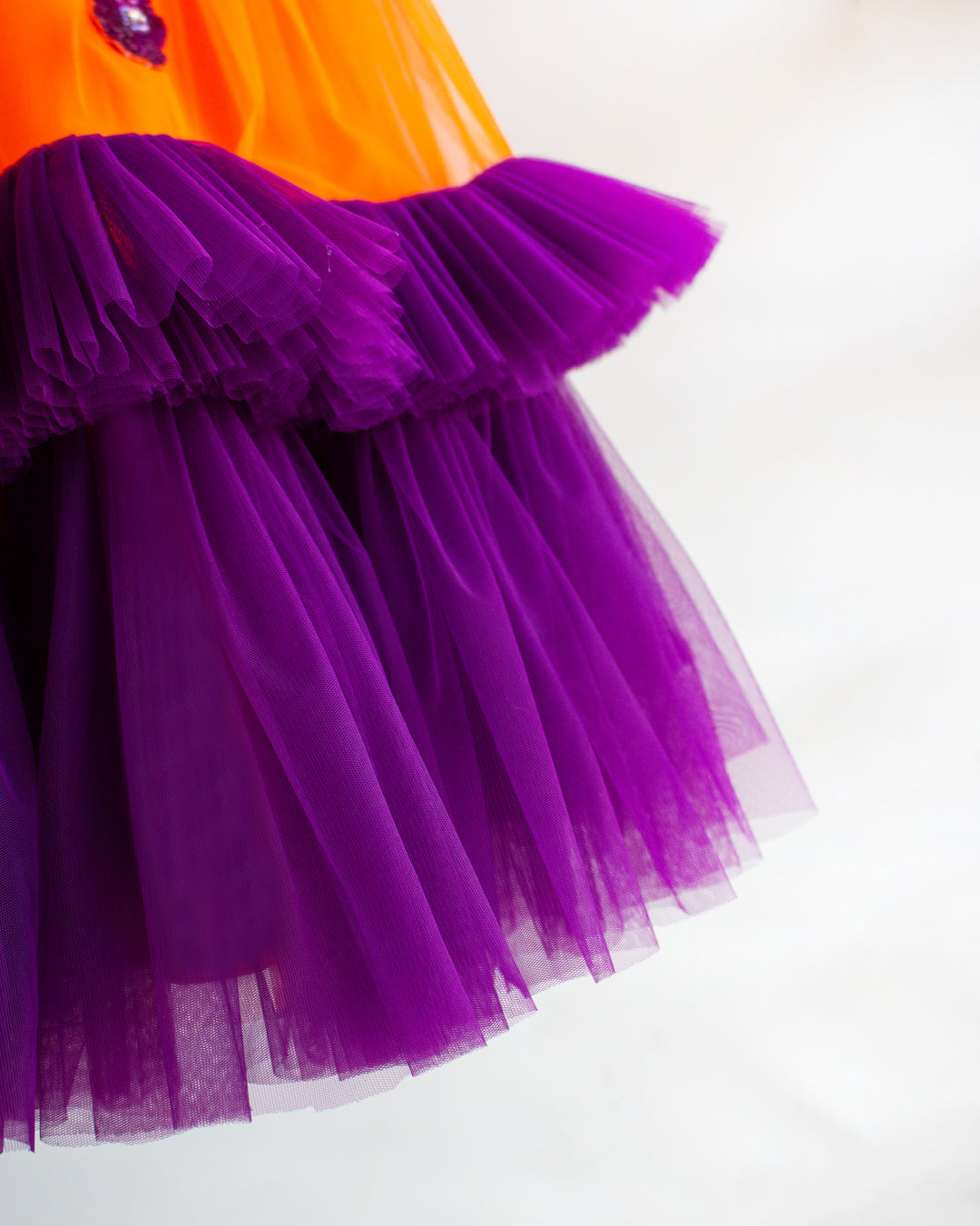 Orange and purple handworked gown for baby girls, ruffle partywear, designer birthday dress, Stanwells Kids