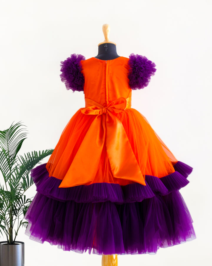 Orange and purple handworked gown for baby girls, ruffle partywear, designer birthday dress, Stanwells Kids