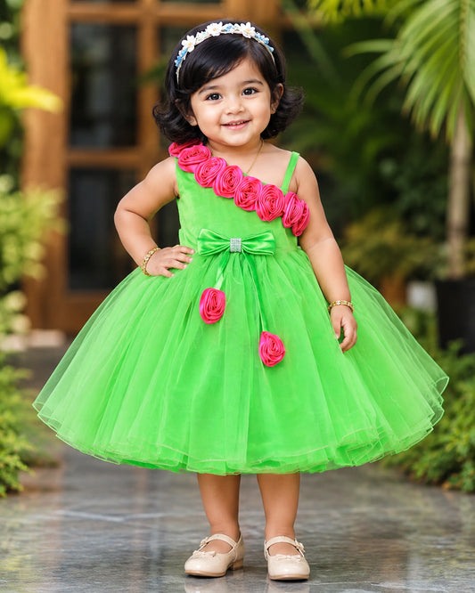 Parrot green strap sleeve flower frock front view baby girl – Stanwells Kids