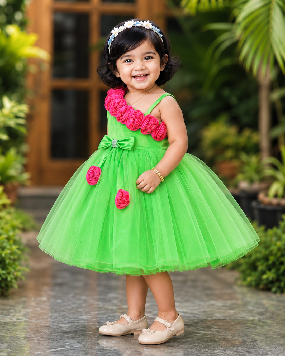 Parrot green strap sleeve flower frock front view baby girl – Stanwells Kids