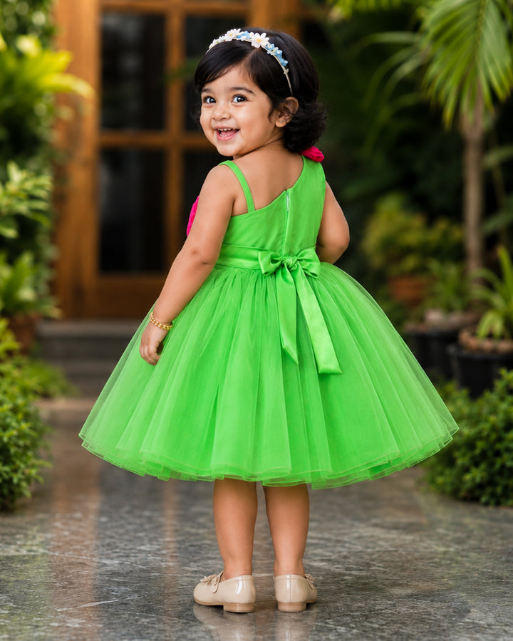 Parrot green strap sleeve flower frock front view baby girl – Stanwells Kids