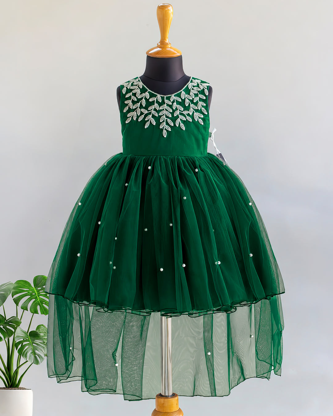 Party wear tail frock for girls in bottle green – front view, Stanwells Kids