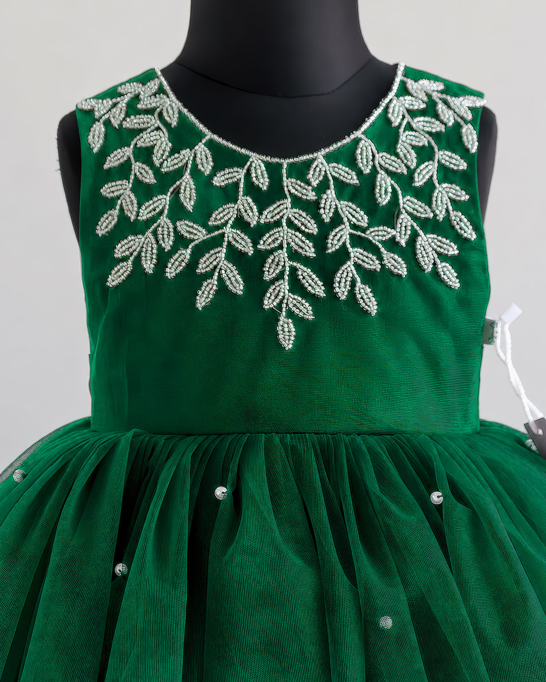 Baby girl fancy dress bottle green tail frock with silver bead yoke – Stanwells Kids