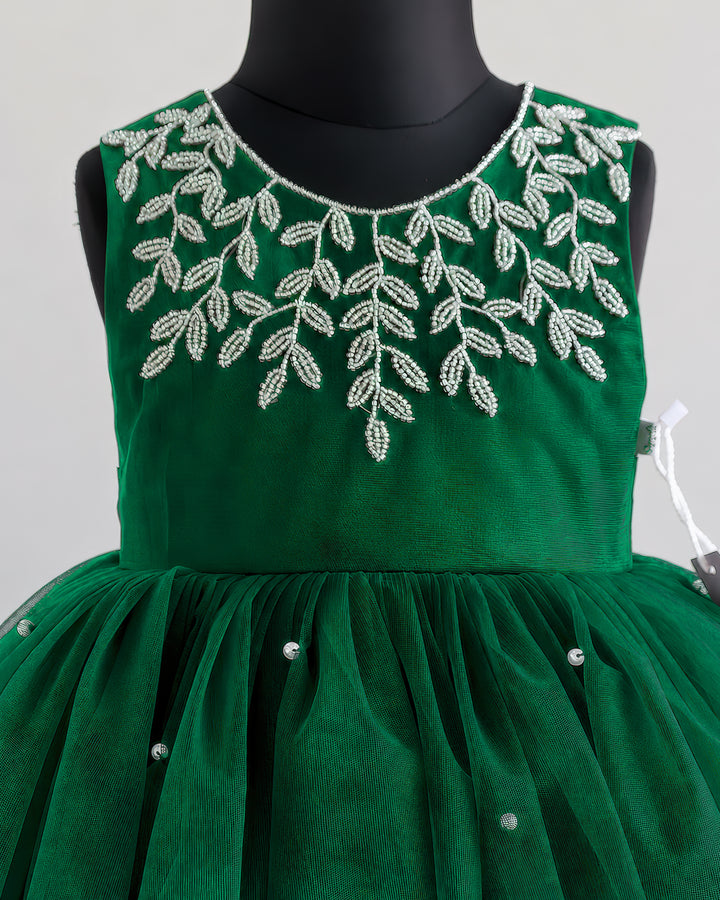 Baby girl fancy dress bottle green tail frock with silver bead yoke – Stanwells Kids