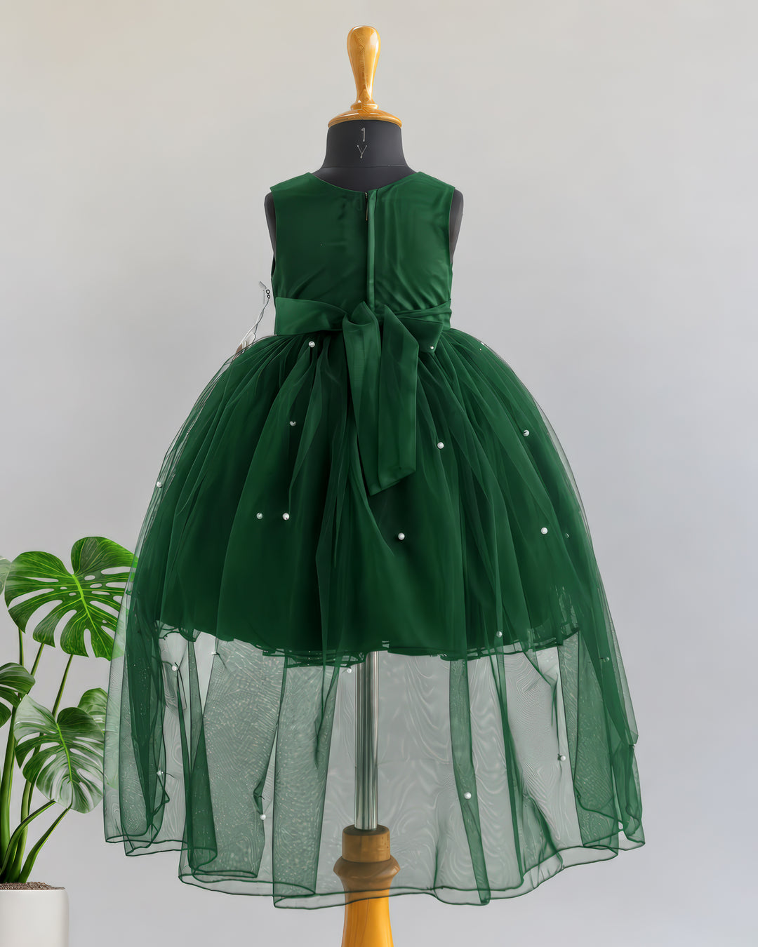 Satin tie back detail of bottle green tail frock for baby girl – Stanwells Kids