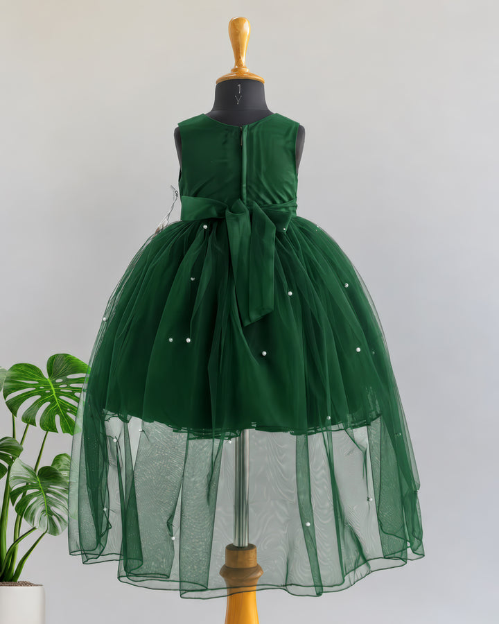 Satin tie back detail of bottle green tail frock for baby girl – Stanwells Kids